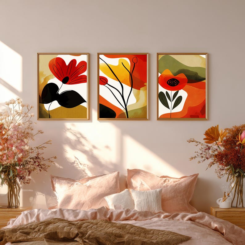 Abstract Floral Wall Art Set of 3, Modern Botanical Prints, Terracotta ...