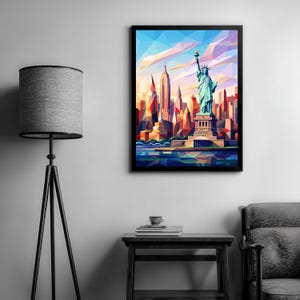 New York Geometric Print – Statue of Liberty Wall Art, Modern Cityscape Poster, NYC Skyline Illustration, Abstract Urban , Digital Download