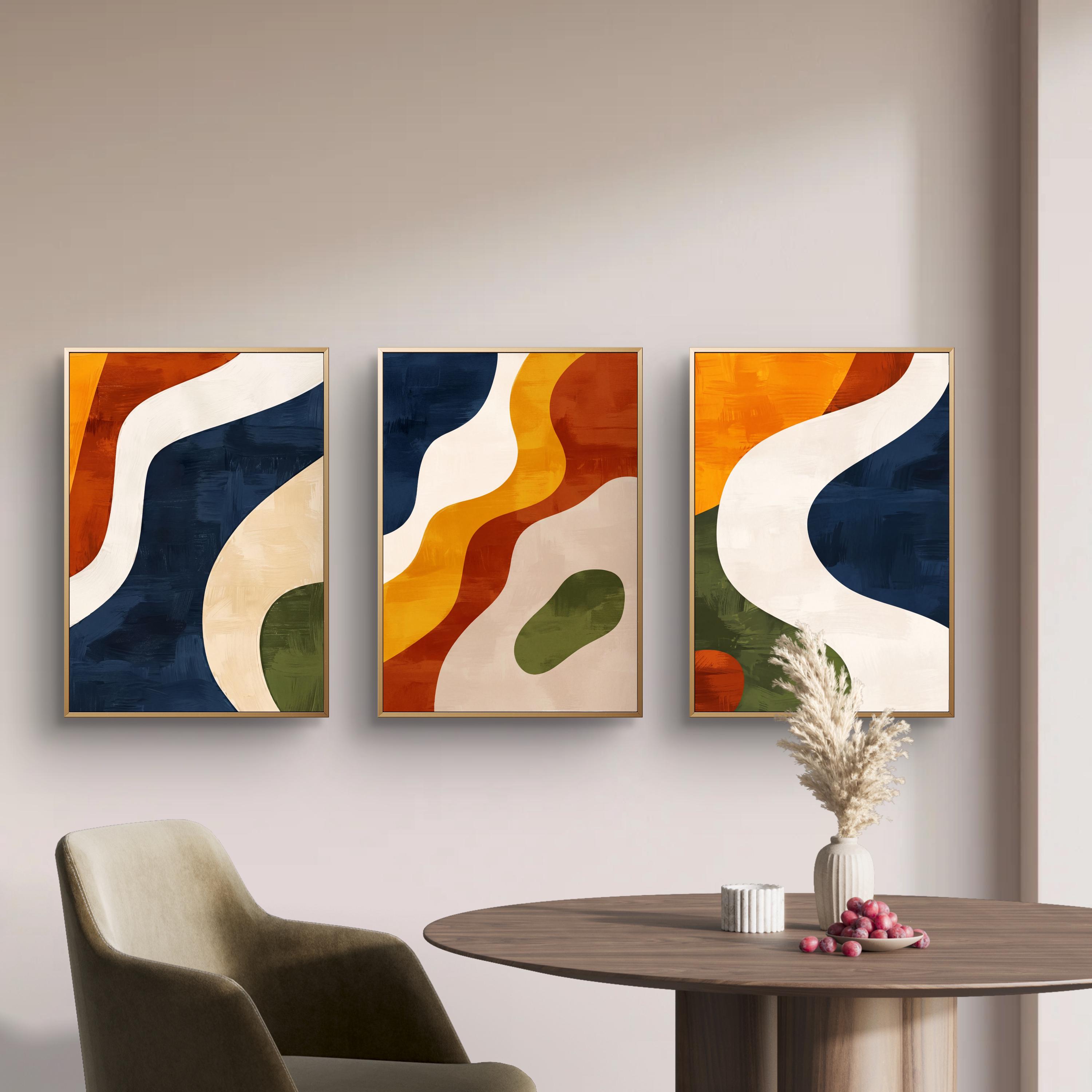 Abstract Geometric Wall Art Set of 3, Mid Century Modern Prints, Navy ...