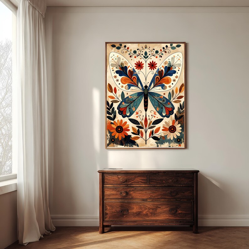 Folk Art Butterfly Wall Art, Scandinavian Floral Insect Print ...