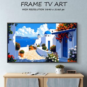 Santorini Griekenland Samsung frame tv-kunst, decor mediterrane kustdorp, blauwe koepel kerk digitaal schilderen, heldere zomer tv-behang