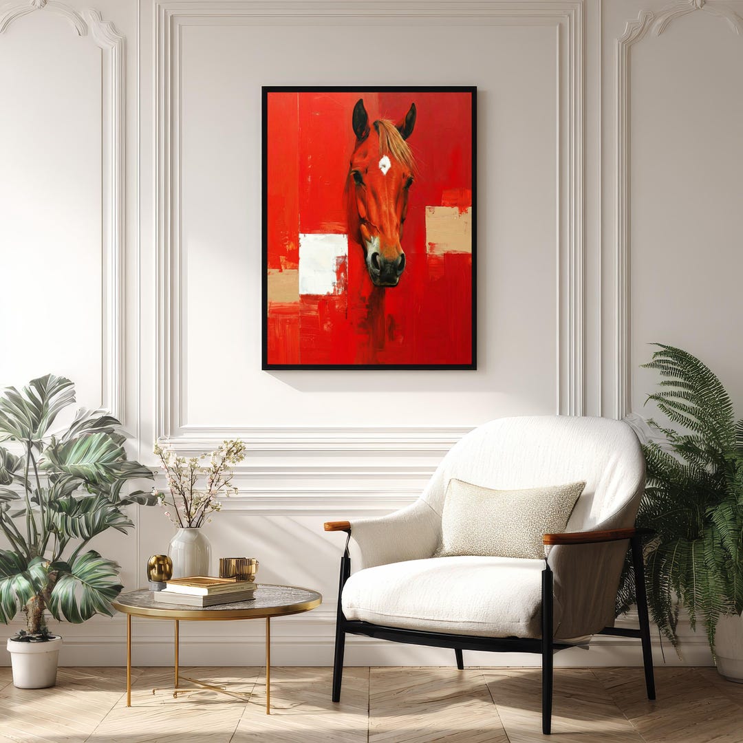 Modern Horse Portrait Art Print, Red Abstract Equine Wall Decor ...