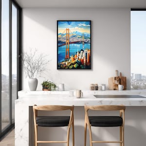 Geometric San Francisco Bridge Print, Low Poly Golden Gate Illustration, Modern SF Skyline Poster, Cityscape Wall Decor, Digital Download