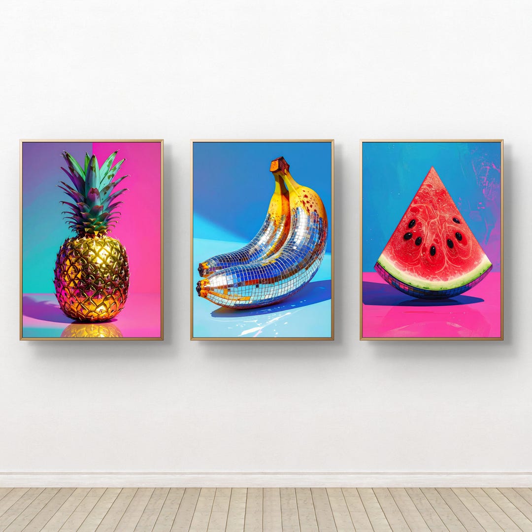 Disco Tropical Fruit Prints, Pineapple Watermelon Orange Wall Art ...