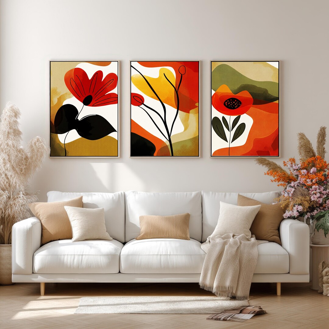 Abstract Floral Wall Art Set of 3, Modern Botanical Prints, Terracotta ...