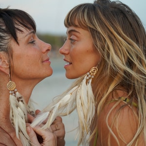 Goddess Feather Earrings - White and Light/Dark Speckled Feathers w/ Vesica Piscis Gold Charm