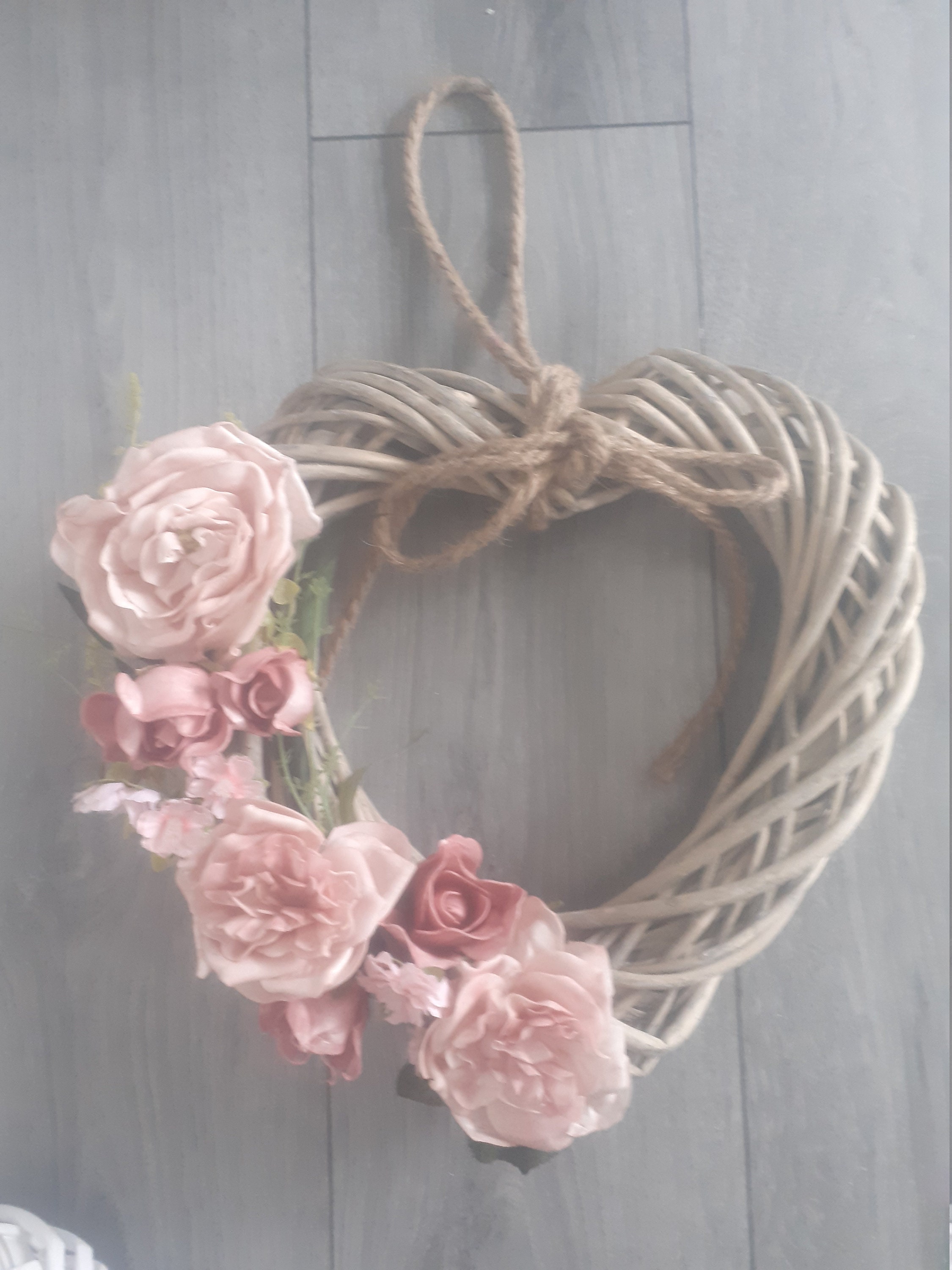 Rattan Wreath with Artificial Greenery and Pink Roses Heart Etsy