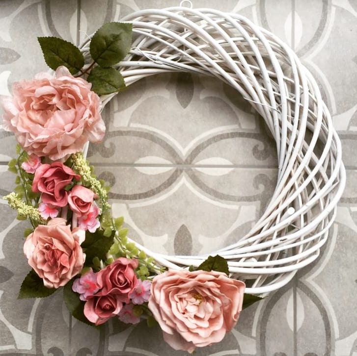 Wicker Wreath with Artificial Greenery and Blush Pink Flowers Etsy