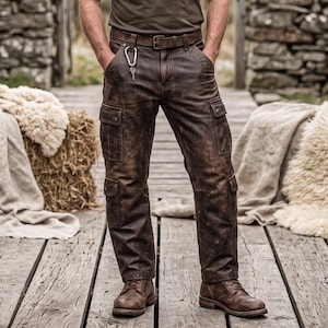 Könnte beinhalten: Ein dunkelolivgrünes T-Shirt mit Rundhalsausschnitt kombiniert mit einer abgenutzten dunkelbraunen Leder-Cargohose mit mehreren Seitentaschen, einem Ledergürtel mit Metallschnalle, einem silbernen Karabiner und braunen Lederstiefeln.