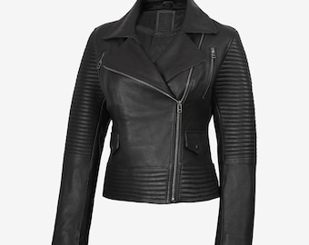 Women's Black Jacket in Lambskin Leather : Vintage Biker Style Fully Lined
