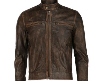 May include: A brown leather jacket with a zipper closure and multiple pockets. The jacket has a distressed look, giving it a vintage feel.