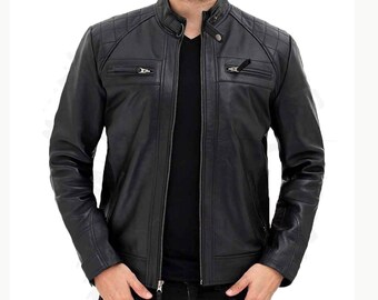 Mens Handmade Slim Fit Sheepskin Leather Motorcycle Jacket