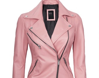 Pink Leather Jacket in Lambskin Women's Biker Style Jacket