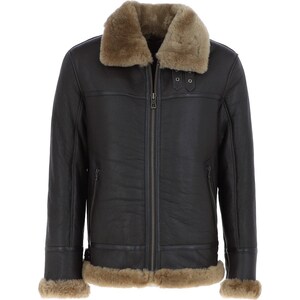 May include: A brown leather bomber jacket with a shearling collar and lining. The jacket has a zipper closure and two pockets on the front.