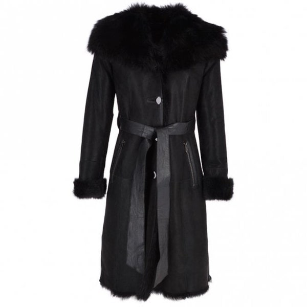 Manteau en cuir retourné à capuche pour femme en noir / taille ceinturée manteau de fourrure vintage entièrement doublé de fourrure de qualité / cadeau pour elle