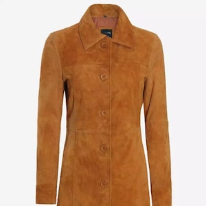 Manteau en cuir marron pour femme en cuir suédé souple véritable/manteau à col chemise vintage avec cuir suédé velouté poncé à la main/article cadeau