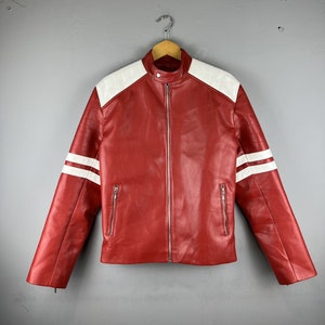Men&#39;s Red Genuine Cowhide Leather Jacket/ Handmade Motorcycle Style jacket with Heavy Duty Quality Zips/ 90s Style jacket/ Halloween Gift