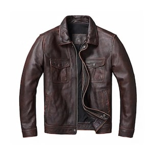 Veste en cuir homme marron style années 70 vintage/ Veste rétro motard effet vieilli 100 % fait main Doublure polyester doux/ Veste décontractée/ Cadeaux