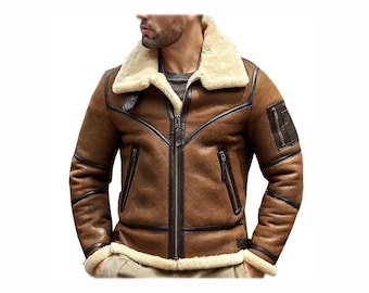Men's RAF B3 Bomber Aviator Shearling Leather Jacket/ Sheepskin Brown Leather Jacket/ Vintage Fur Jacket/ Festival jacket/ Gift for Him