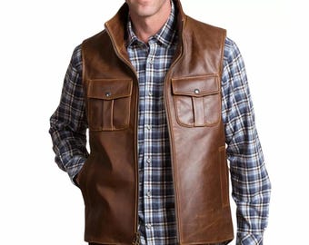 Distressed Brown Leather Vest Men - Genuine-Cowhide Western Biker-Vest - Handmade Vintage Style Leather-Waistcoat - Cargo Pockets
