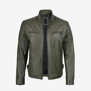 Men&#39;s Dark Green Jacket in Genuine Lambskin Leather/ Vintage Cafe Racer Stylish Jacket for Men Fully Lined with Polyester/ Halloweens Gift