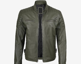 Men's Green Leather Jacket : Vintage Biker Style Moto-Jacket , Handmade Classic Lambskin Zip-up Motorcycle-Coat