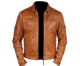 Blouson motard en cuir pour homme/ Blouson moto café racer marron effet vieilli fait main style vintage/ Deux poches avant/ Personnalisez votre couleur