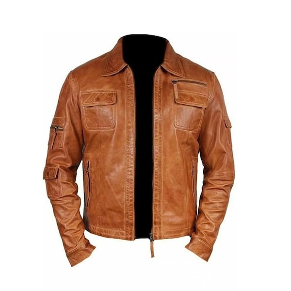 Men's Biker Leather Jacket/ Vintage Style Handmade Motorcycle Distressed Brown Cafe Racer Jacket/ Two front pockets/ Personalize your Color