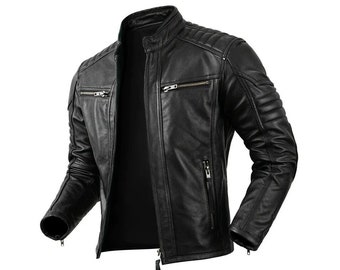 May include: A black leather motorcycle jacket with a zipper closure and multiple pockets.