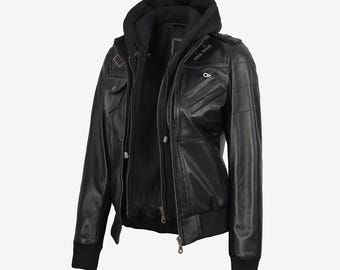 Women's Black Leather Hooded-Jacket - Removable-Hood Moto Coat - Genuine-Leather Biker Jacket with Detachable-Hood - Winter Warm-Outerwear