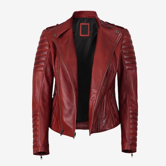レディースレッドレザーバイカージャケット：ヴィンテージレトロモト