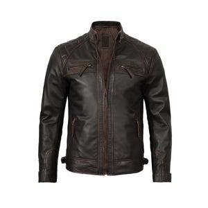 Blouson homme en cuir marron effet vieilli en cuir d'agneau véritable/ style vintage matelassé épaule entièrement doublé de polyester / Cadeau pour lui