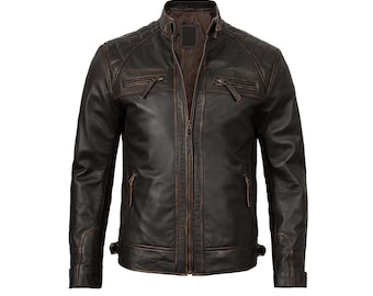 Chaqueta Cafe Racer de piel de cordero marrón desgastada para hombre: estilo vintage, totalmente forrada.