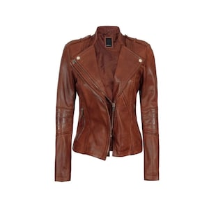 Veste en cuir asymétrique cognac pour femme en cuir d'agneau véritable/veste de style vintage faite main doublée de polyester/cadeau pour elle