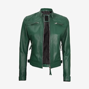 Veste en cuir pour femme verte vintage/ 100 % cuir d'agneau véritable style motard fait main doublé de polyester doux/ Veste vieille école pour femme