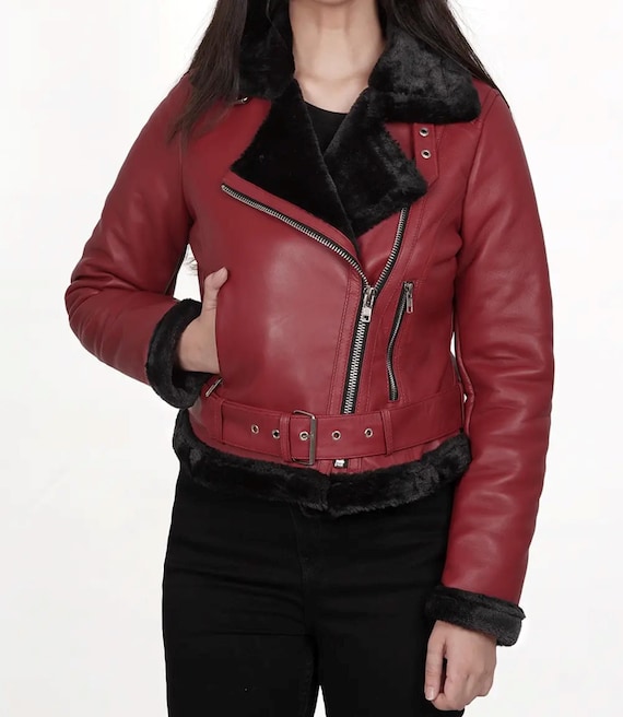Women's Burgundy Leather Jacket/ Shearling leather Jacket/ Biker Style  Jacket/ Lined with Soft Faux Fur/ Mother's Day Gift/ Custom Jacket