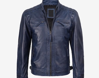 Chaqueta de cuero azul estilo café racer para hombre: abrigo de motociclista de piel de cordero envejecida, totalmente forrado.