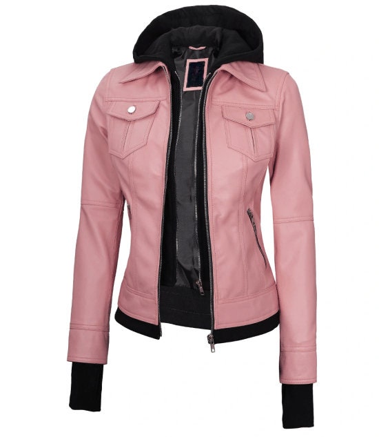 Women's Pink Hooded Leather Jacket/ 100% Genuine Sheepskin
