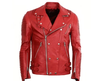 May include: A red leather motorcycle jacket with a zipper closure, multiple pockets, and a ribbed design on the sleeves.