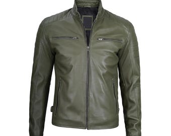 Men's Green Lambskin Leather Biker Jacket - Cafe Racer Moto Style