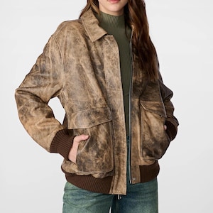 Genuine Leather Women&#39;s Bomber Jacket: Chocolate Brown Vintage Style