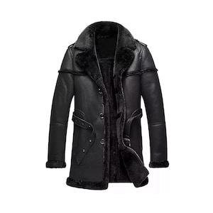 Men&#39;s Black Shearling Long Coat in Genuine Lambskin Leather/ Vintage Style 3/4 Length Coat fully Lined with Soft Faux Fur/ Halloweens Gift
