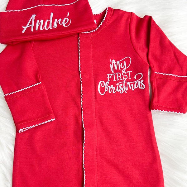 My first Christmas outfit, Red Christmas Eve footie,  Personalized embroidery Christmas outfit. Family matching pajamas. Baby Christmas pjs