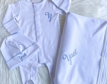 Tenue personnalisée pour le retour à la maison pour bébé garçon, ensemble pour nouveau-né, cadeau de baby shower, pyjama monogrammé pour bébé, tenue pour bébé monogrammée