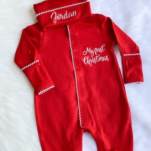 Red Christmas baby outfit, neutral red coming home outfit with custom embroidery. My first Christmas Eve outfit. Christmas Eve baby.