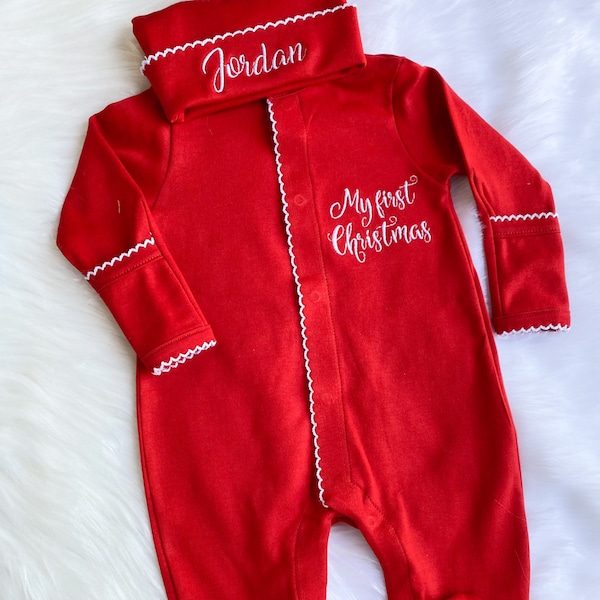 Red Christmas baby outfit, neutral red coming home outfit with custom embroidery. My first Christmas Eve outfit. Christmas Eve baby.