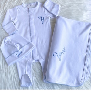 Personalized Baby Boy Coming Home Outfit: Monogrammed Cotton Sleeper Set