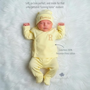 Conjunto personalizado amarillo para bebé que regresa a casa / Conjunto de 3 piezas para recién nacido, algodón peruano, nombre bordado/monograma / regalo para baby shower