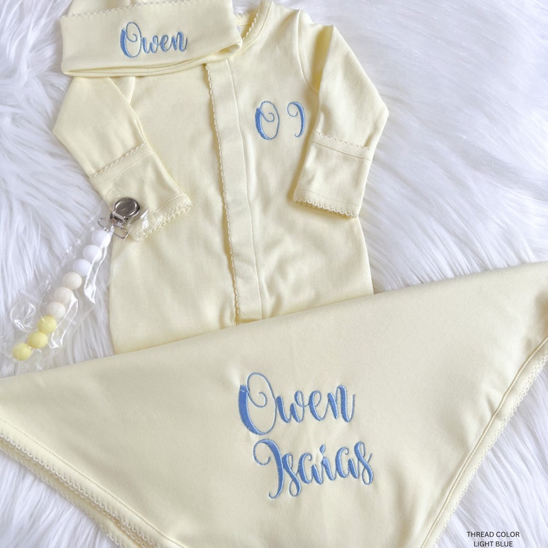 Personalized Yellow Coming Home Outfit, Personalized Baby Gift, Neutral Gender Baby Clothes, Baby shower Gift, Newborn Hospital Set image 8