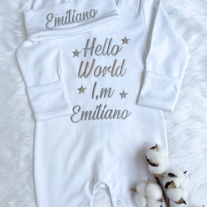 Personalized Baby Coming Home Outfit – Newborn Hospital Outfit – Pima Cotton Footie with Name – Custom Baby Shower Gift – Neutral Going Home